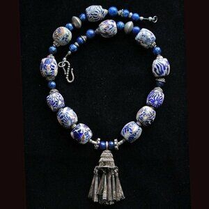 Antique Hmong Miao Pendant with Lapis & Glass, Yemenite, and Indonesian Beads